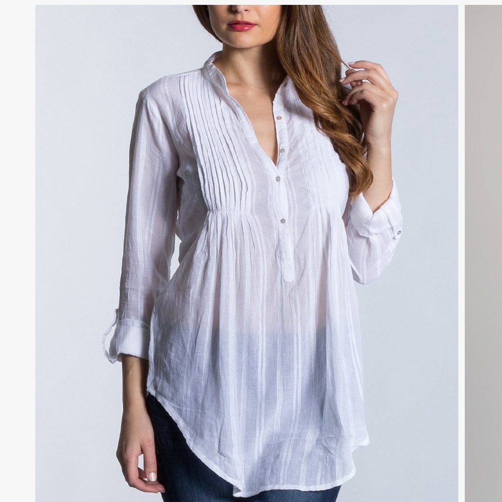 SIMI White Pleated Button-Front Tunic Tie Waist 100% Cotton Medium Coverup